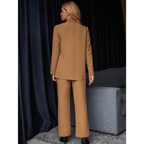 2 piece pantsuit Single Breasted Blazer & Seam Detail Tailored Pants camel tan - Picture 3 of 5
